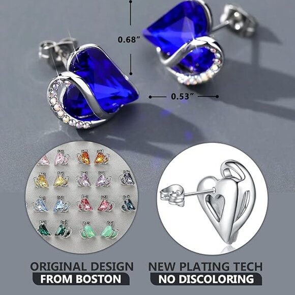 Leafael‎ Infinity Love Heart Birthstone Crystal Stud Earrings for Women, Silver - Picture 2 of 4